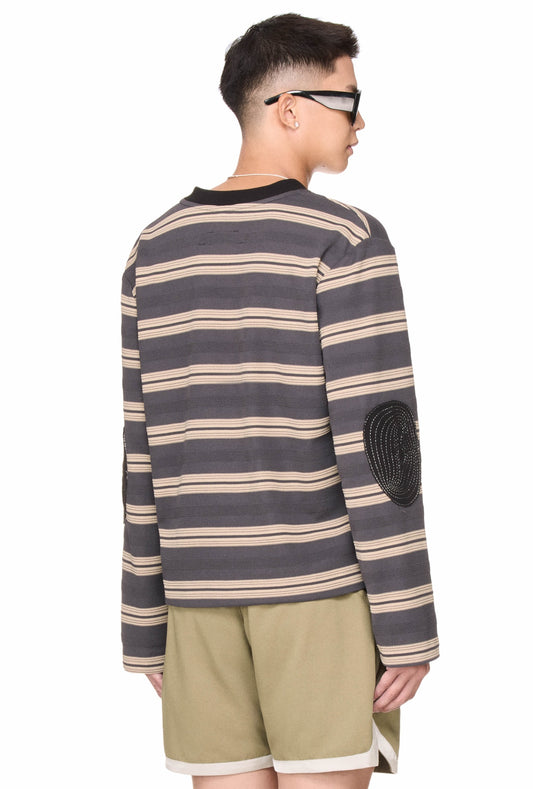 The Beuter Striped Elbow Patch Sweater - Dark Grey