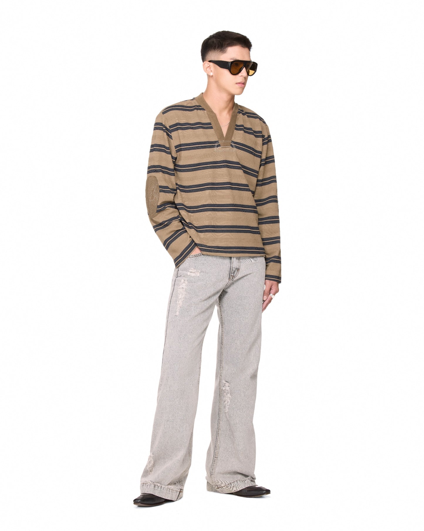 The Beuter Striped Elbow Patch Sweater - Taupe Gray