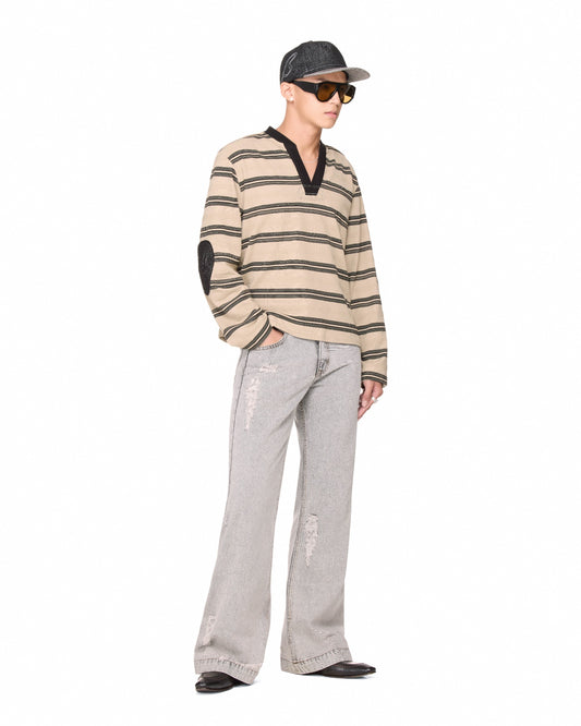The Beuter Striped Elbow Patch Sweater - Grullo