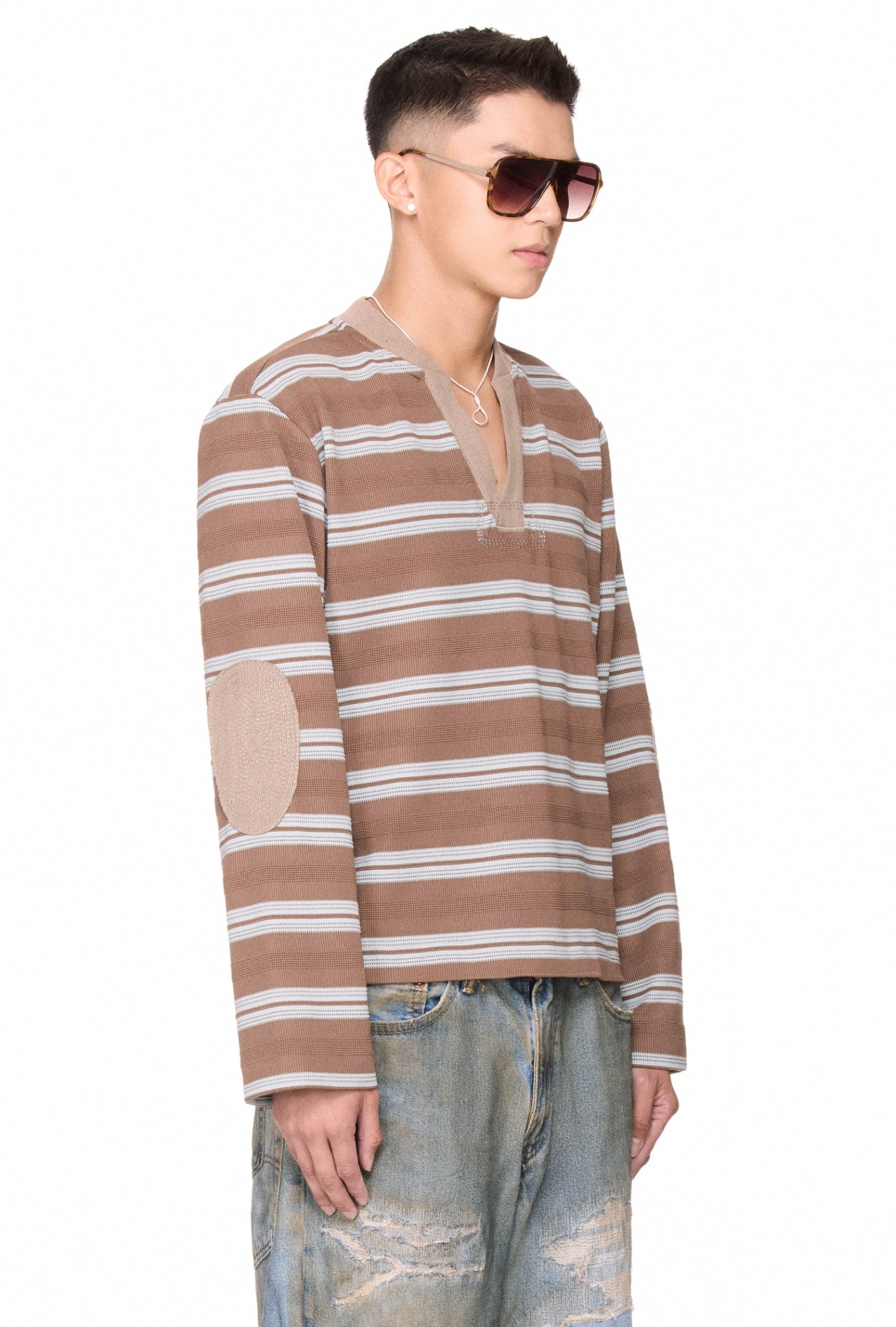 The Beuter Striped Elbow Patch Sweater - Mocha