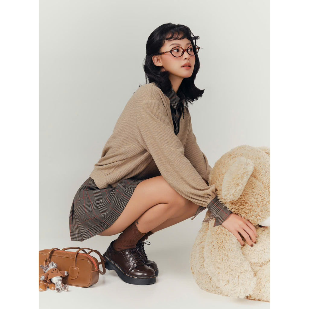 Colin Checkered Knit Top With Attached Collar And Sleeves (Pre-order)