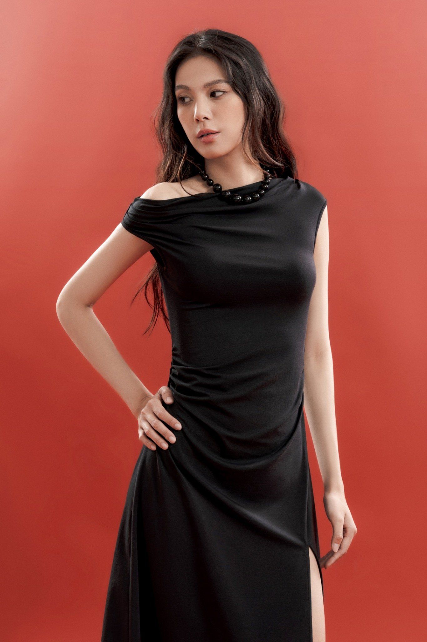 Libe Asymmetrical Neckline Midi Dress (Pre-order)