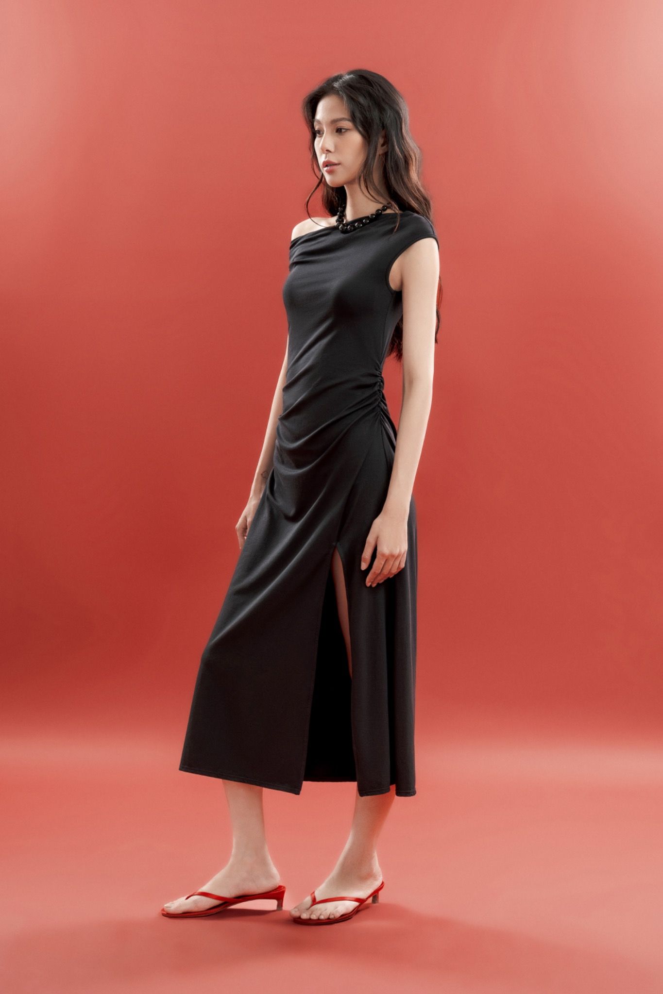 Libe Asymmetrical Neckline Midi Dress (Pre-order)