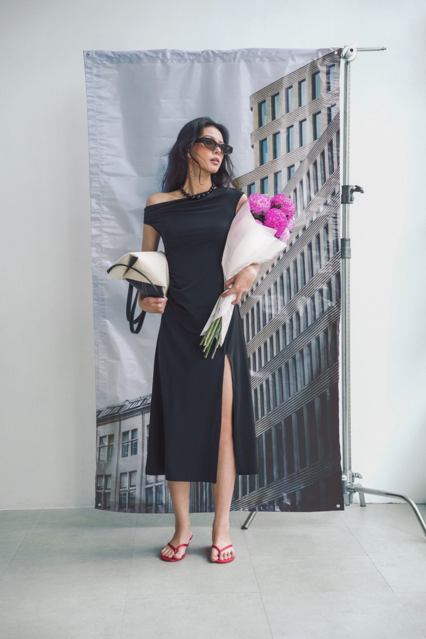 Libe Asymmetrical Neckline Midi Dress (Pre-order)
