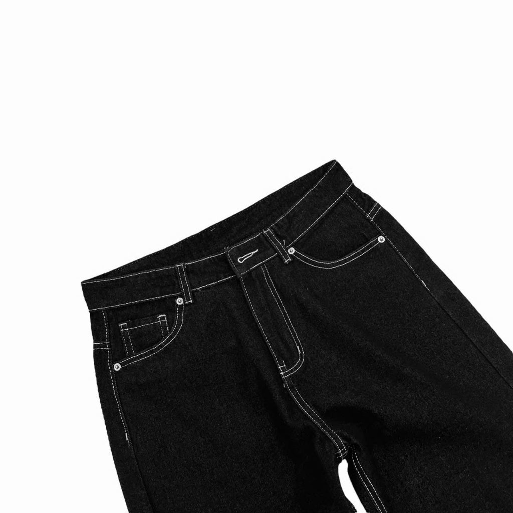 WHOSE Black Wide Straight Jeans With White Stitching