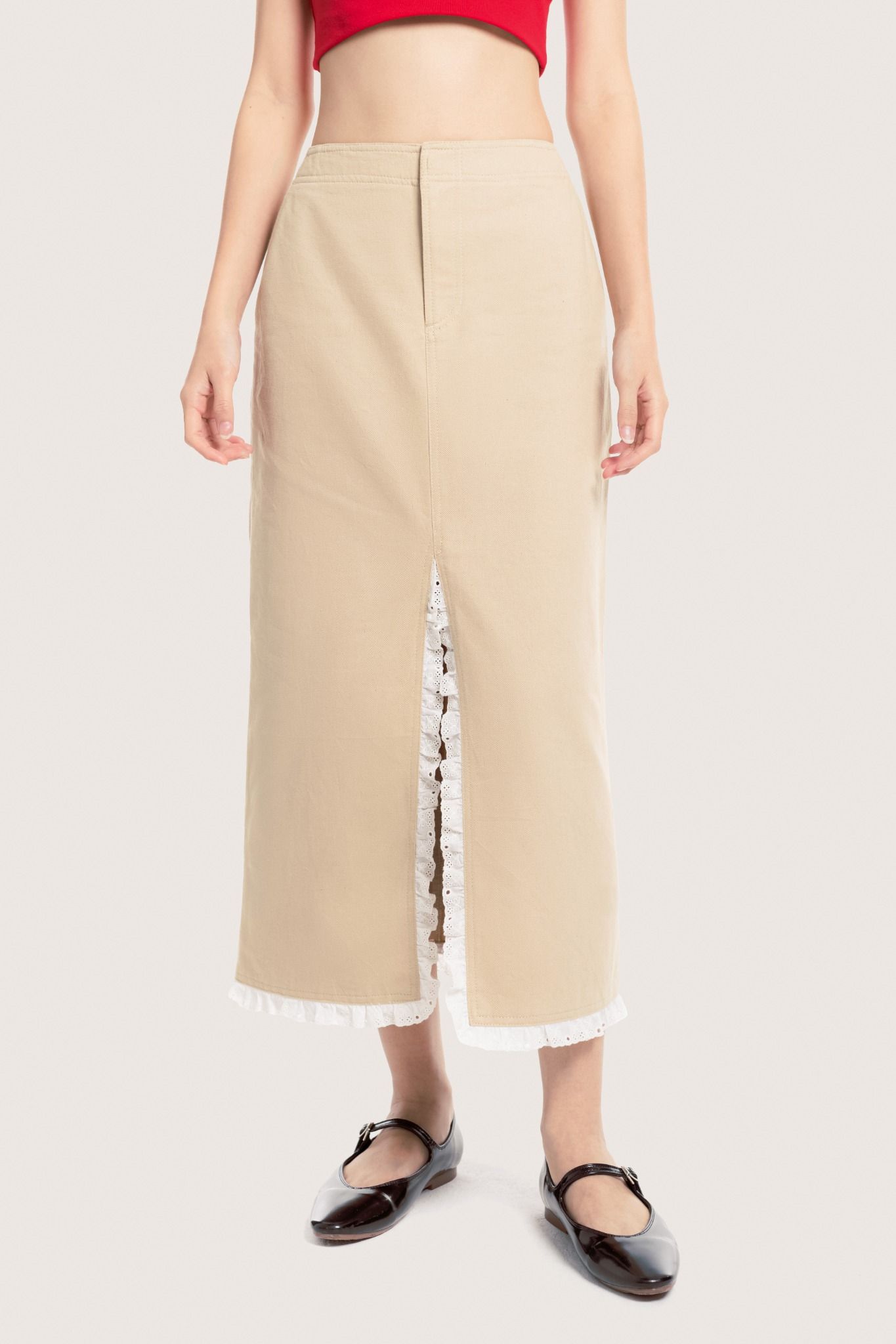Libe Beige Lace Trimming Khaki Midi Skirt (Pre-order)