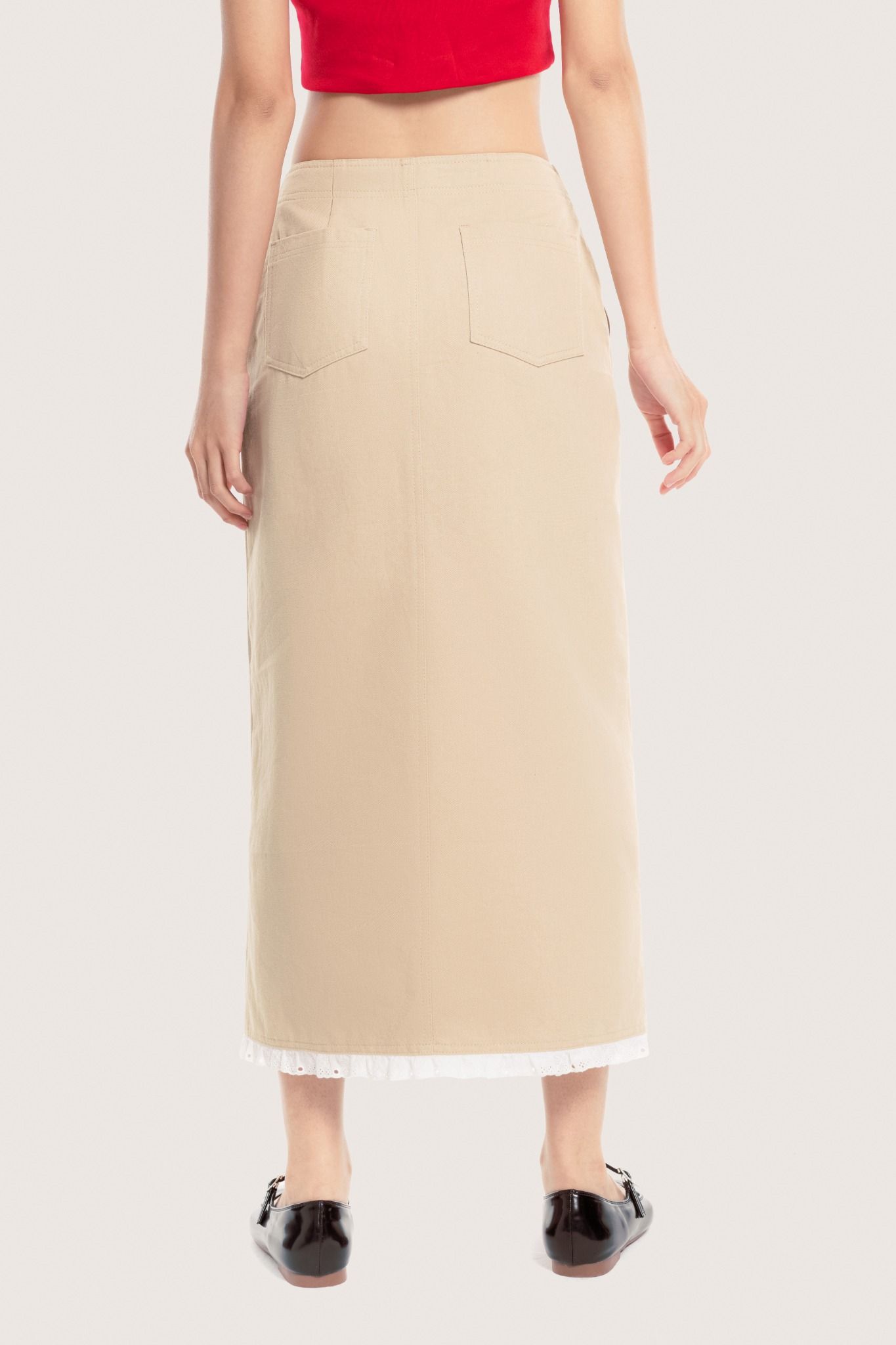 Libe Beige Lace Trimming Khaki Midi Skirt (Pre-order)