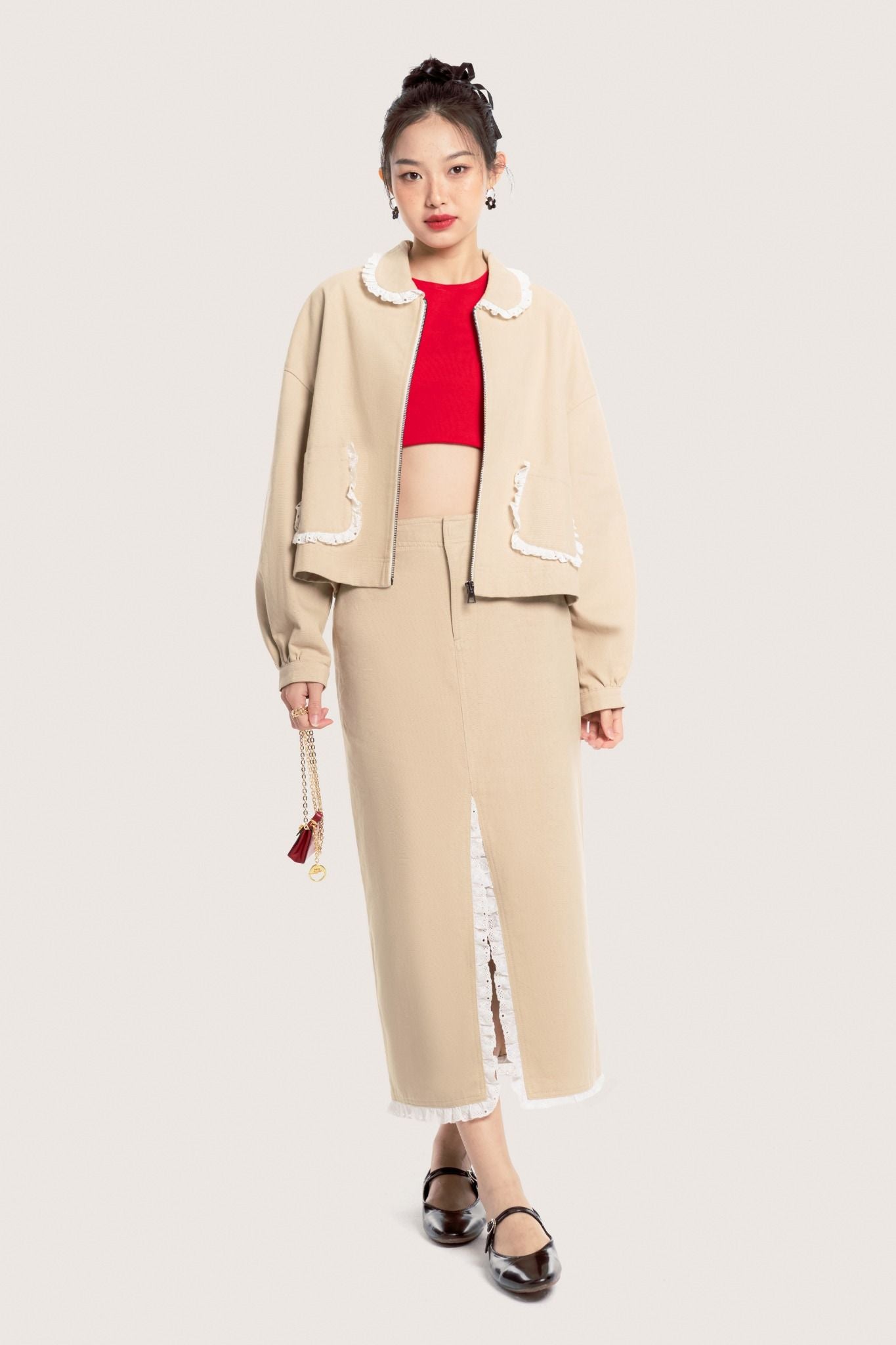 Libe Beige Lace Trimming Khaki Midi Skirt (Pre-order)