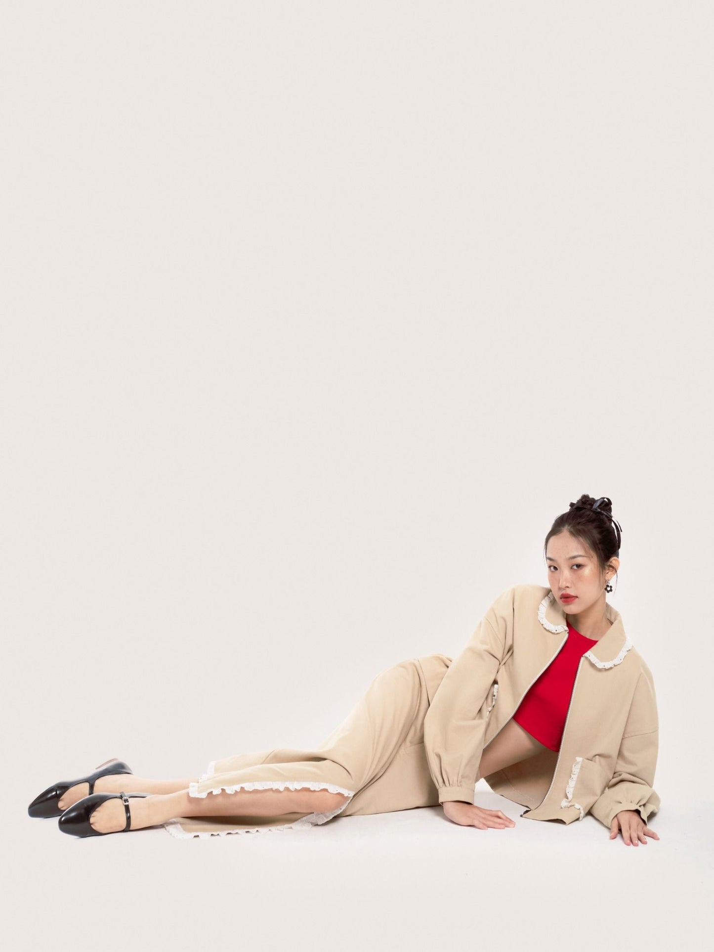 Libe Beige Lace Trimming Khaki Midi Skirt (Pre-order)