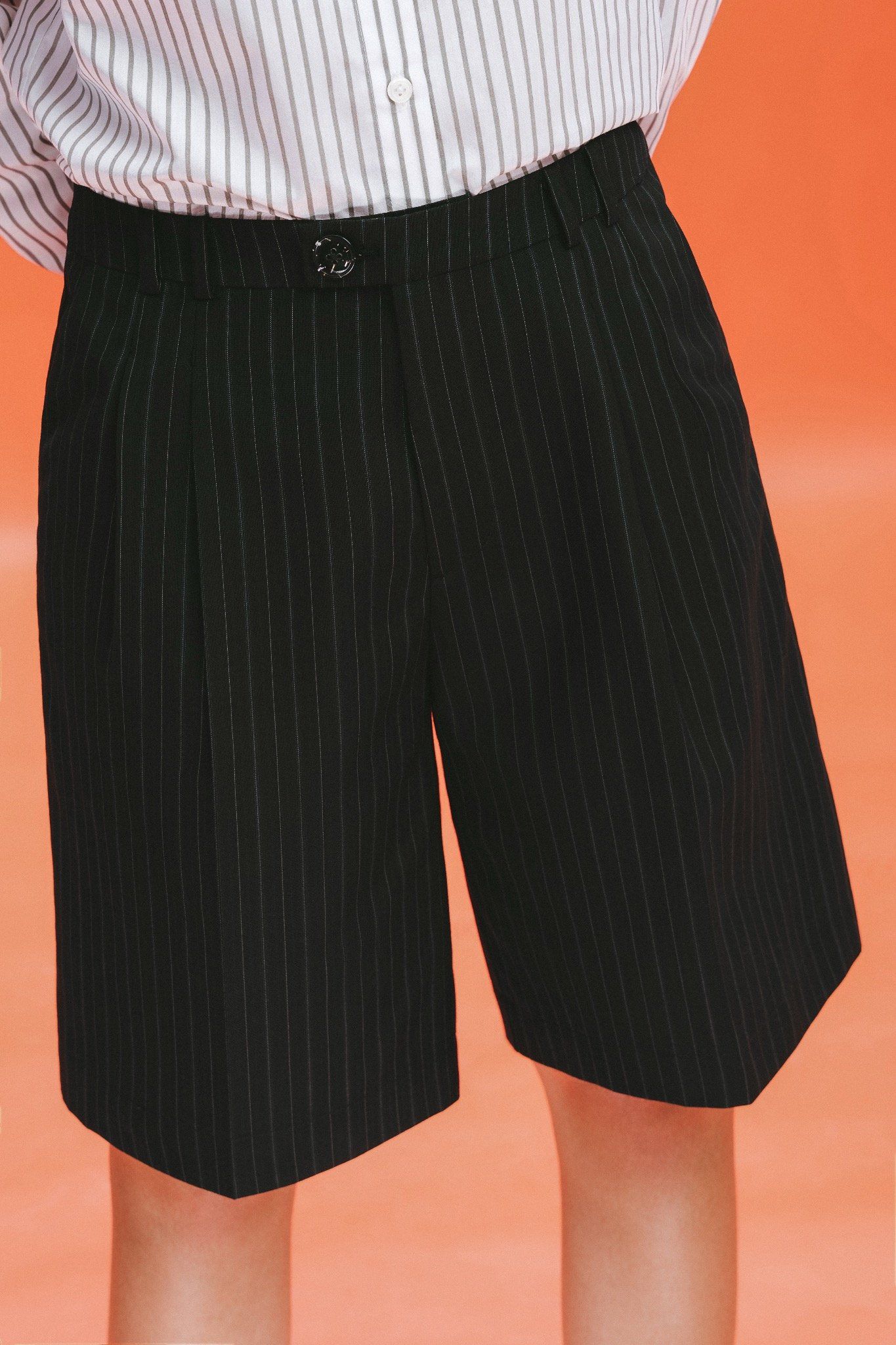Libe Black Striped Front Pleats Bermuda Shorts (Pre-order)