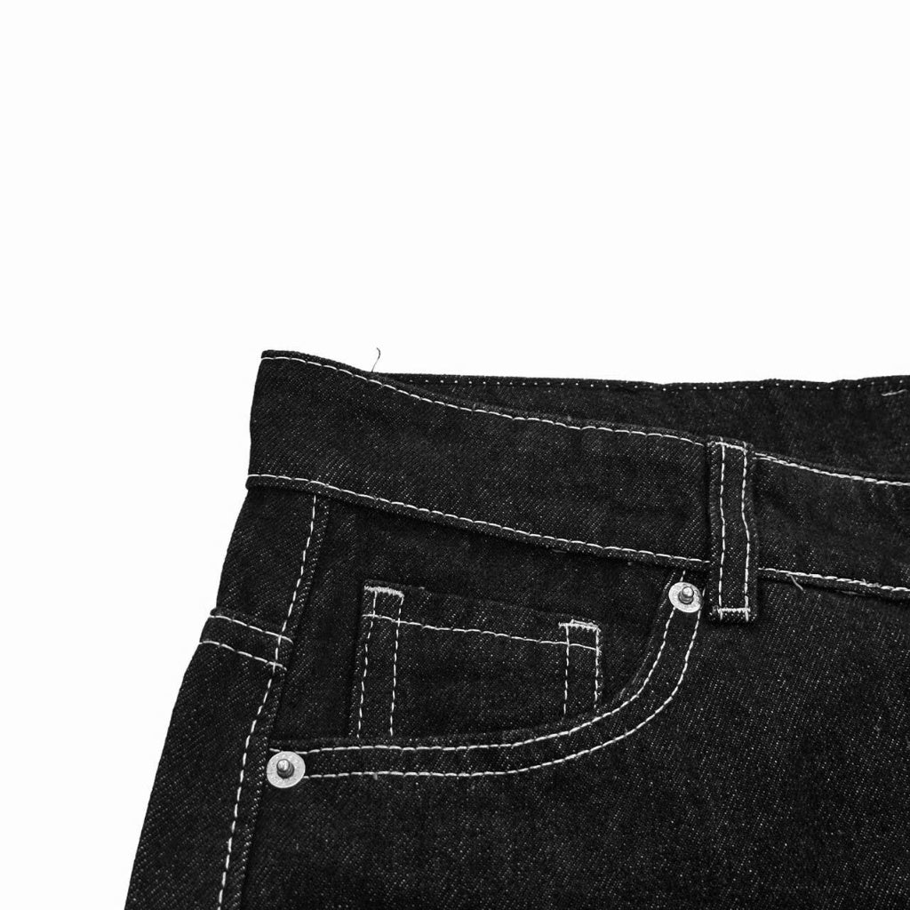 WHOSE Black Wide Straight Jeans With White Stitching (Pre-order)