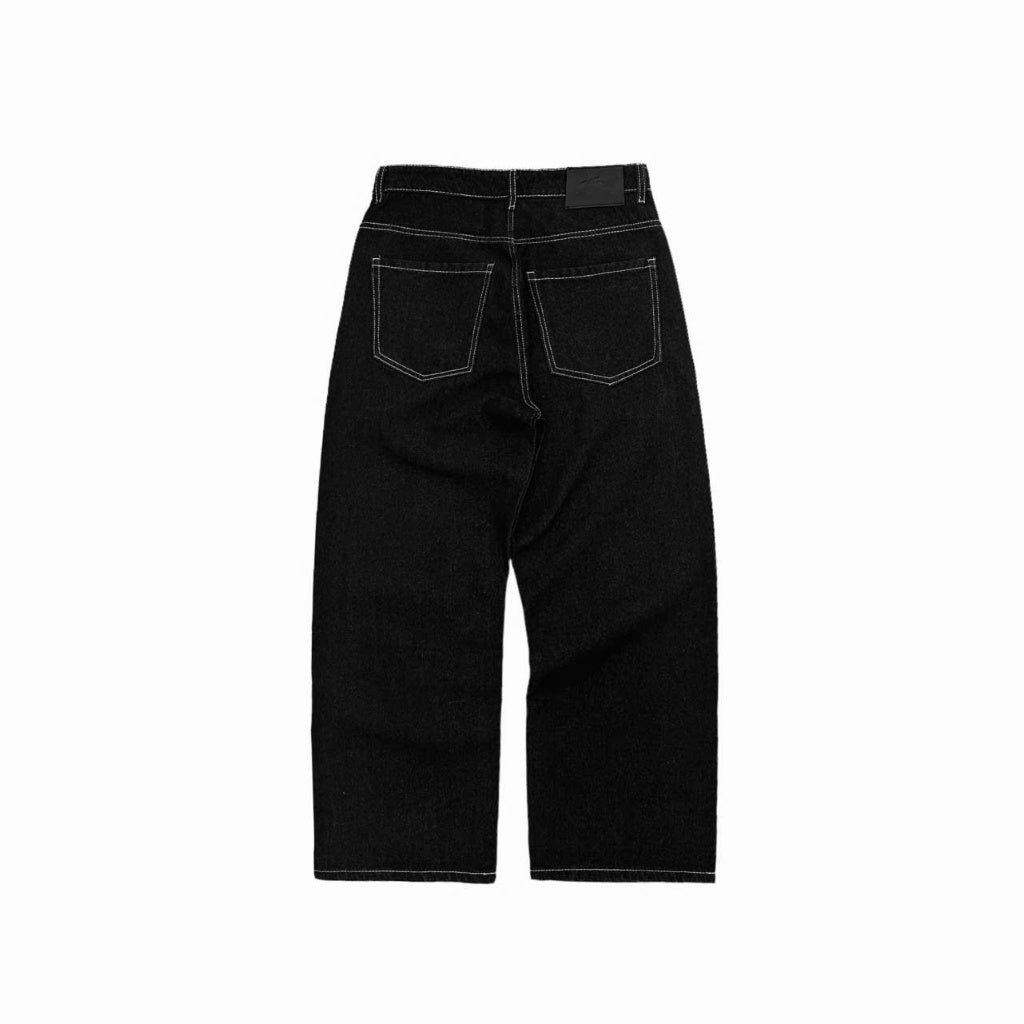 WHOSE Black Wide Straight Jeans With White Stitching (Pre-order)