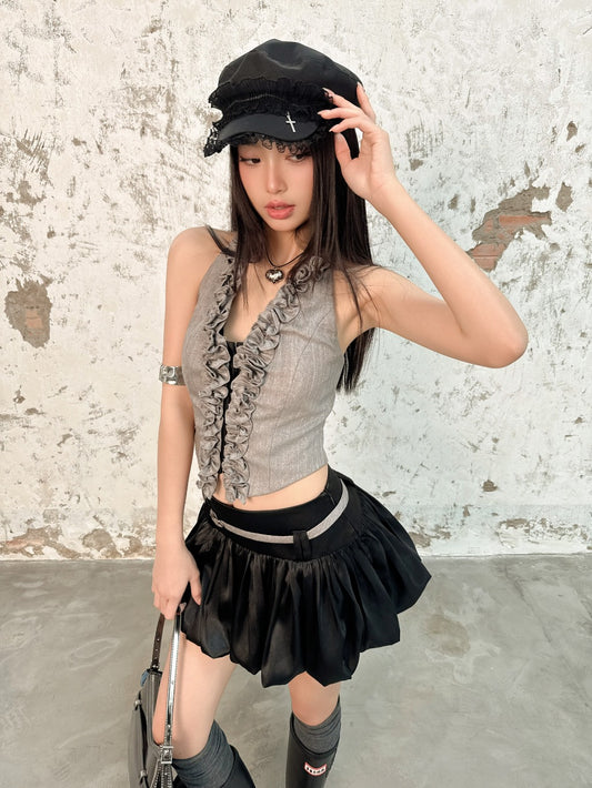 Hoo Design Black Satin Puffy Mini Skirt With Belt And Inner Shorts
