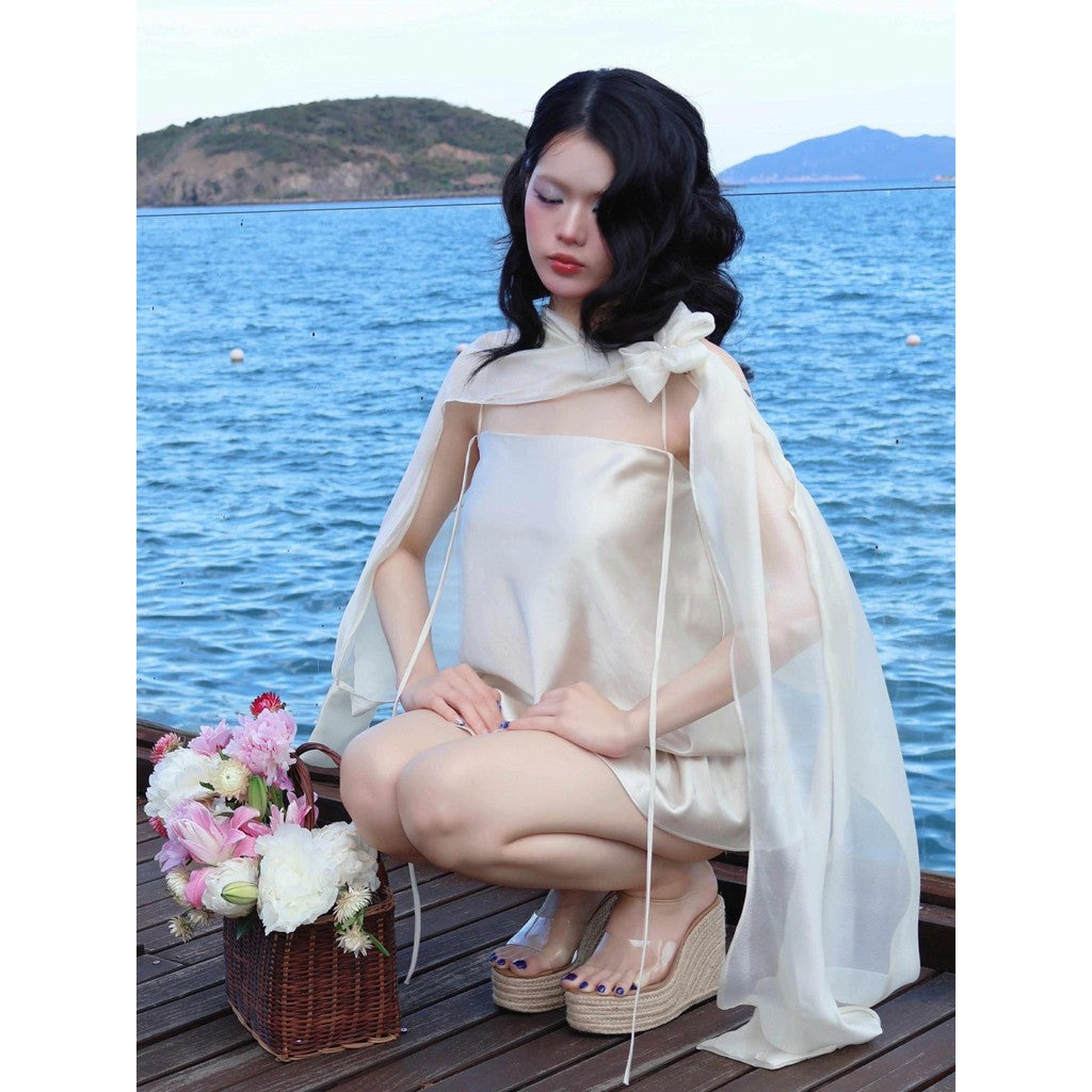 Aguja Chilasy Silk Bubble Dress With Floral Accent (Pre-order)