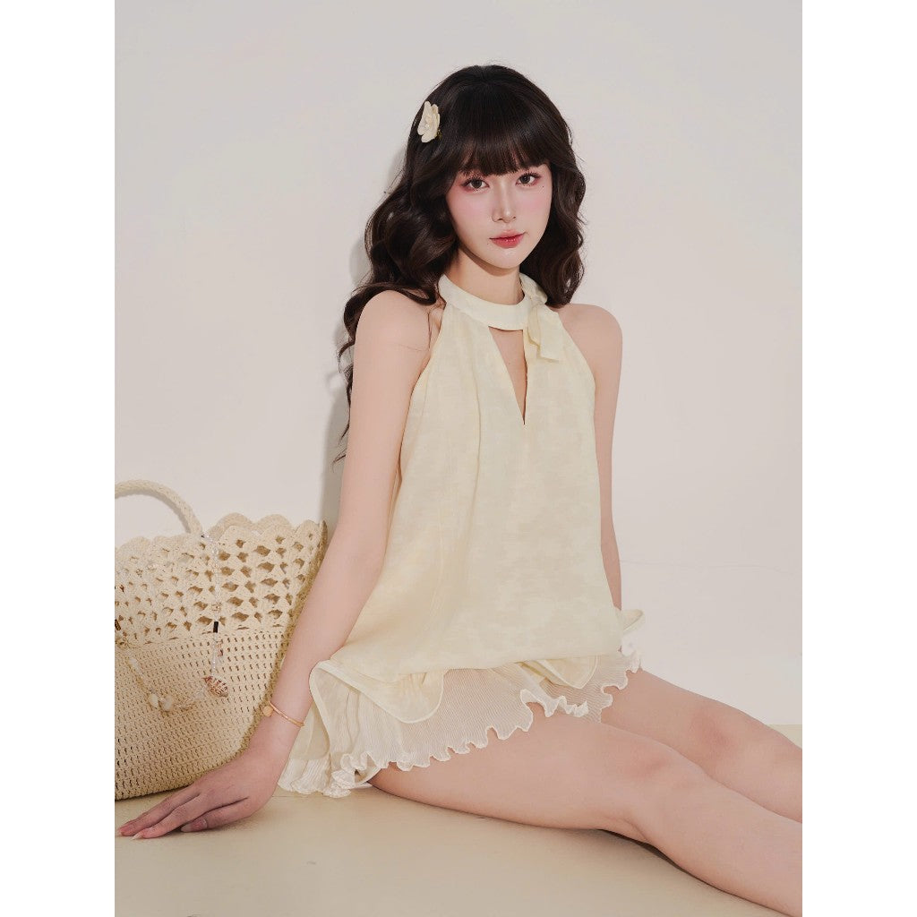 Colin Short Floral Chiffon Pinafore Dress With Ruffled Hem And Flower Detail