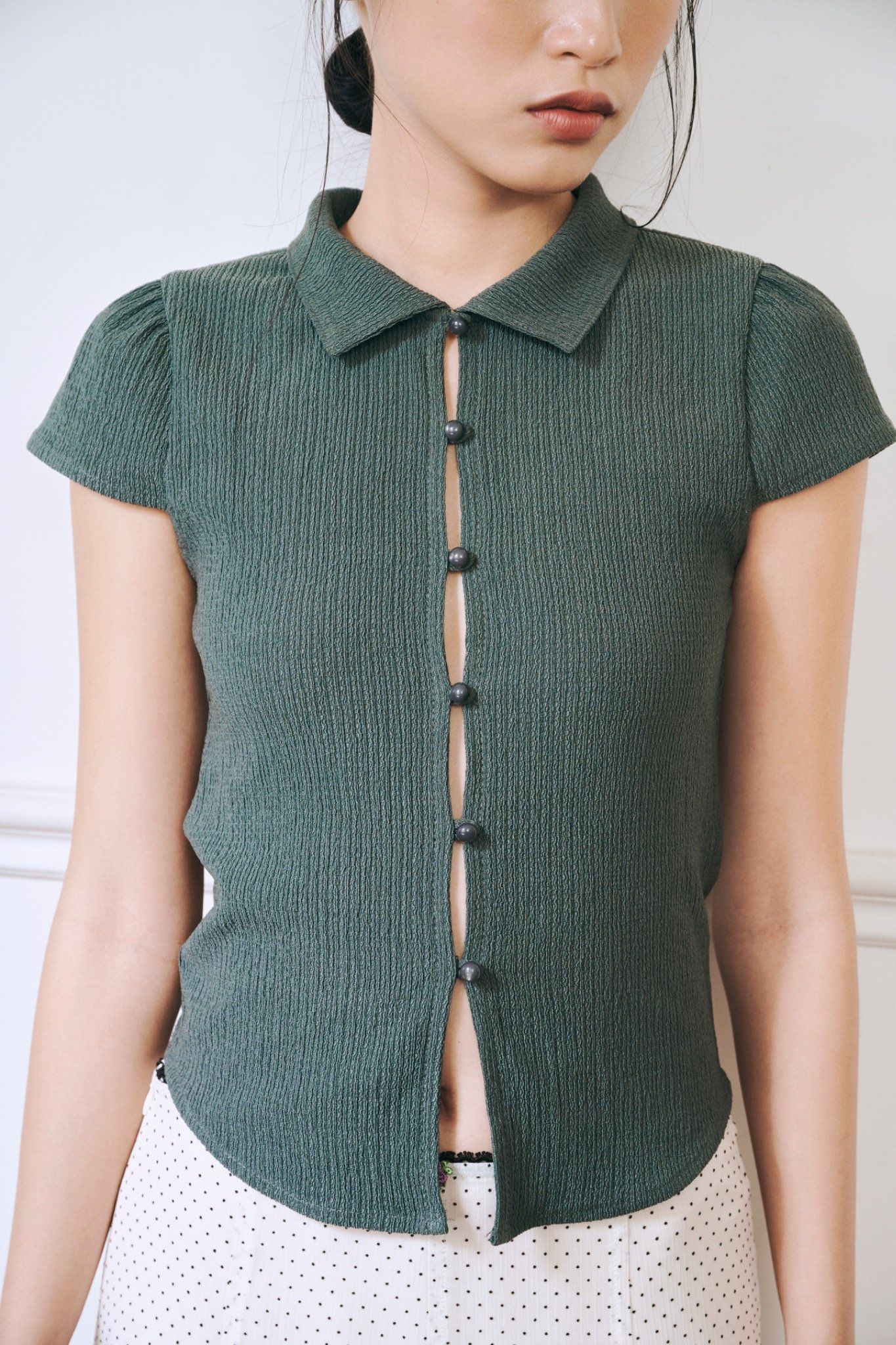 Libe Dark Green Button-Up Short Sleeve Top (Pre-order)