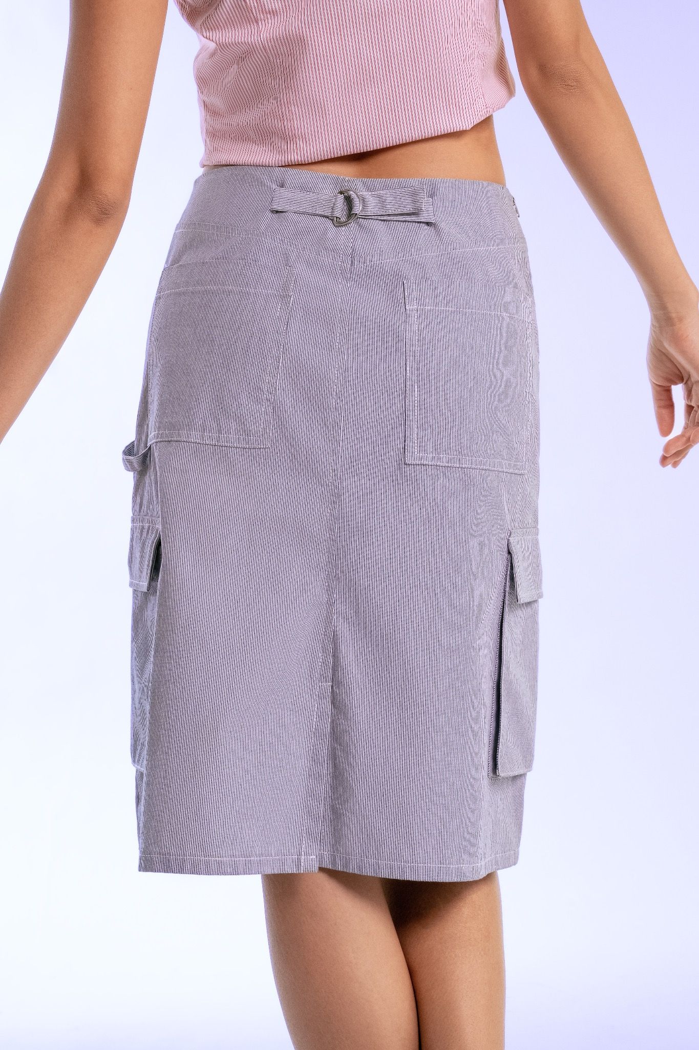 Libe Hairline Striped Khaki Mid Length Skirt (Pre-order)