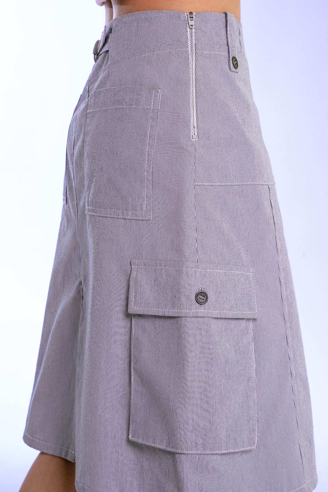 Libe Hairline Striped Khaki Mid Length Skirt (Pre-order)