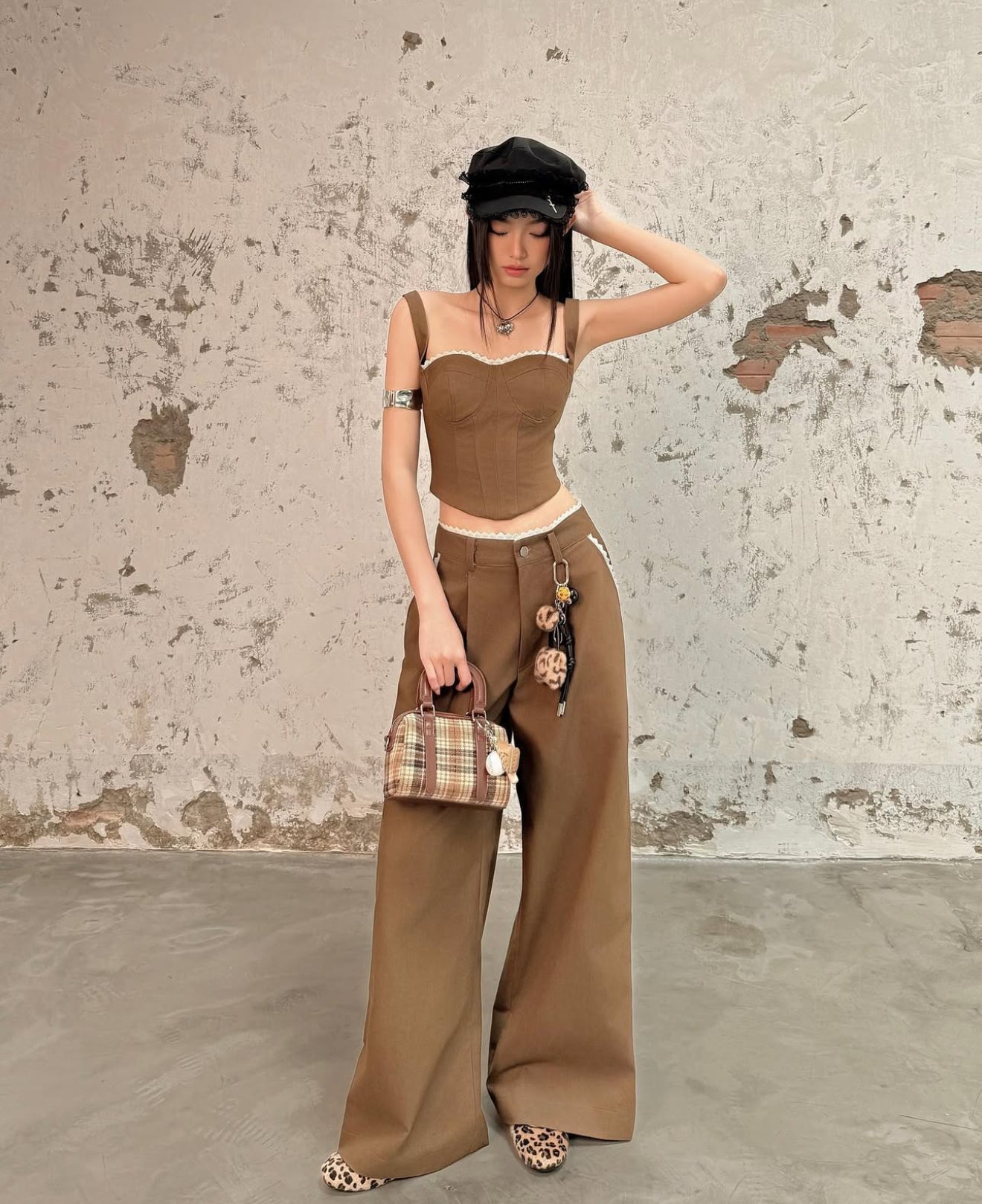 Hoo Design Brown Corset Top with Wide Leg Pants Set