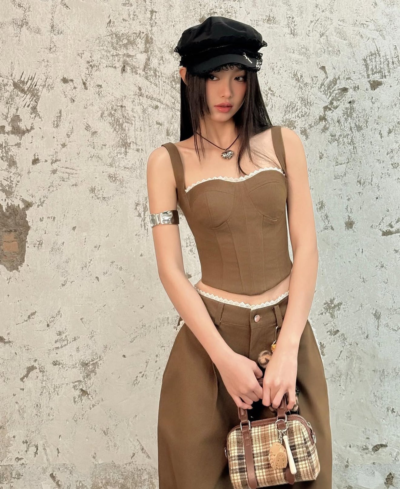 Hoo Design Brown Corset Top with Wide Leg Pants Set