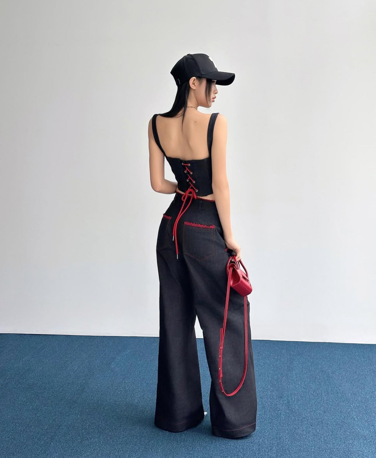Hoo Desgin Double Strap Denim with Red Lace Trim Top (Pre order)