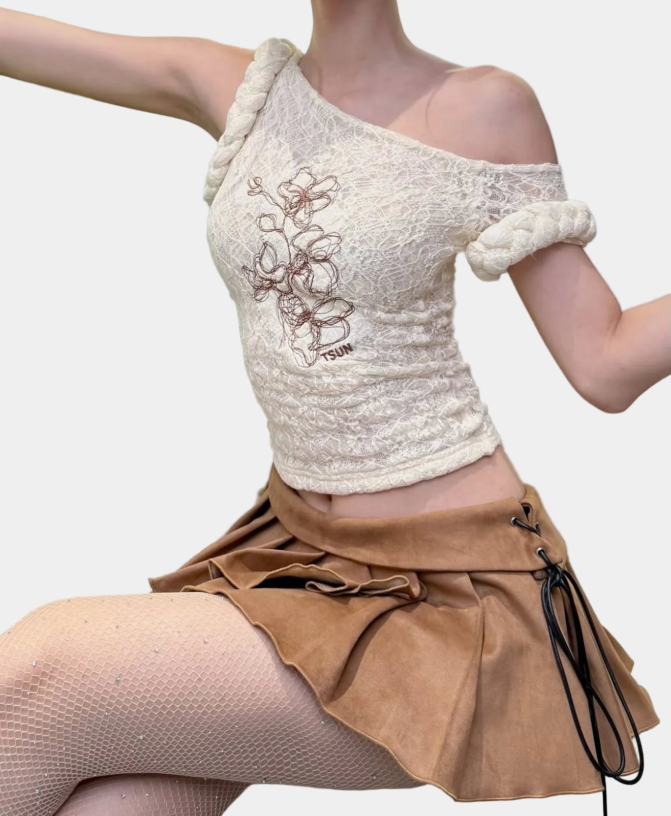 Tsun Orchid Lace One-Shouler Top