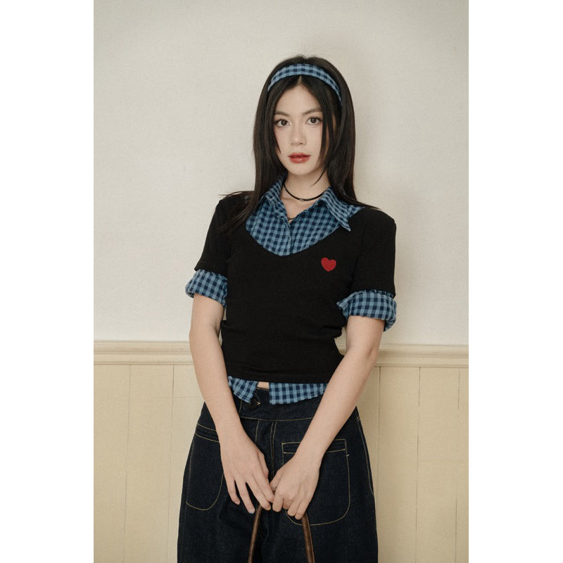 Ours stu Plaid Shirt + Mint V-Neck Top Set (Pre-order)