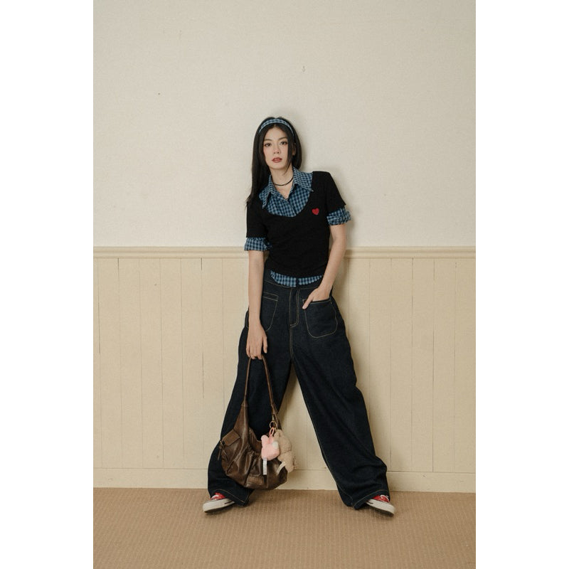 Ours stu Plaid Shirt + Mint V-Neck Top Set (Pre-order)