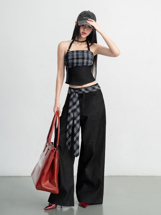 Hoo Design Black Checkered Denim Top