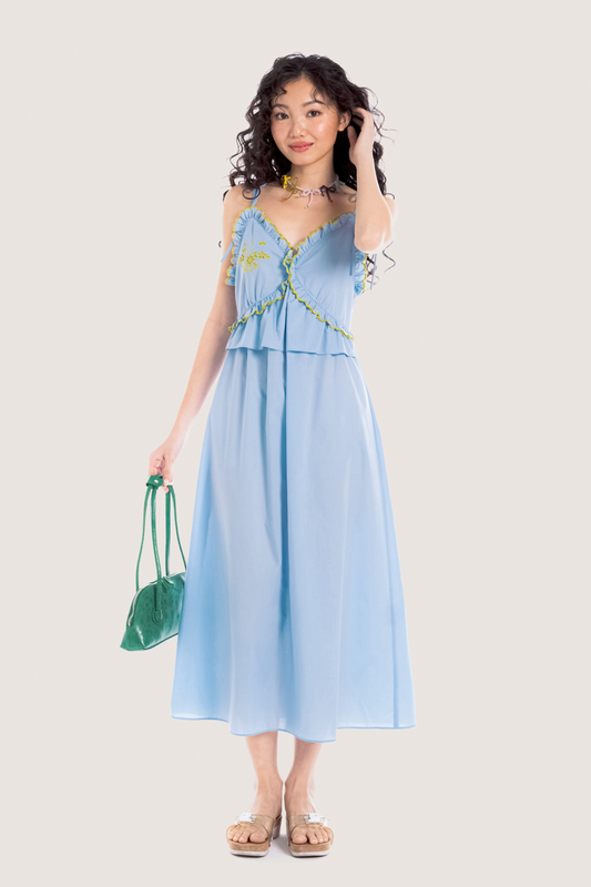 Libe Rattan Basket Blue Embroidered Midi Dress (Pre-order)