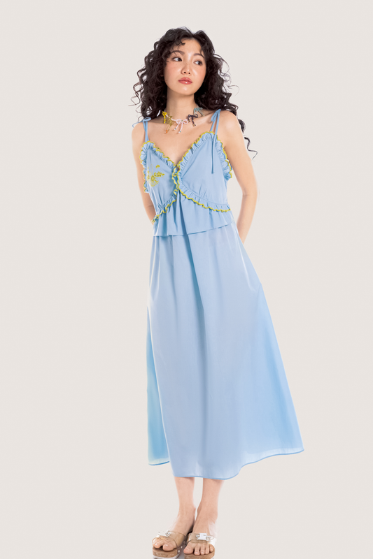 Libe Rattan Basket Blue Embroidered Midi Dress (Pre-order)