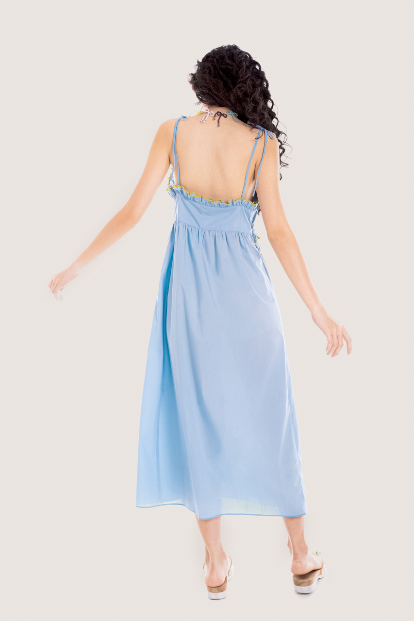 Libe Rattan Basket Blue Embroidered Midi Dress (Pre-order)