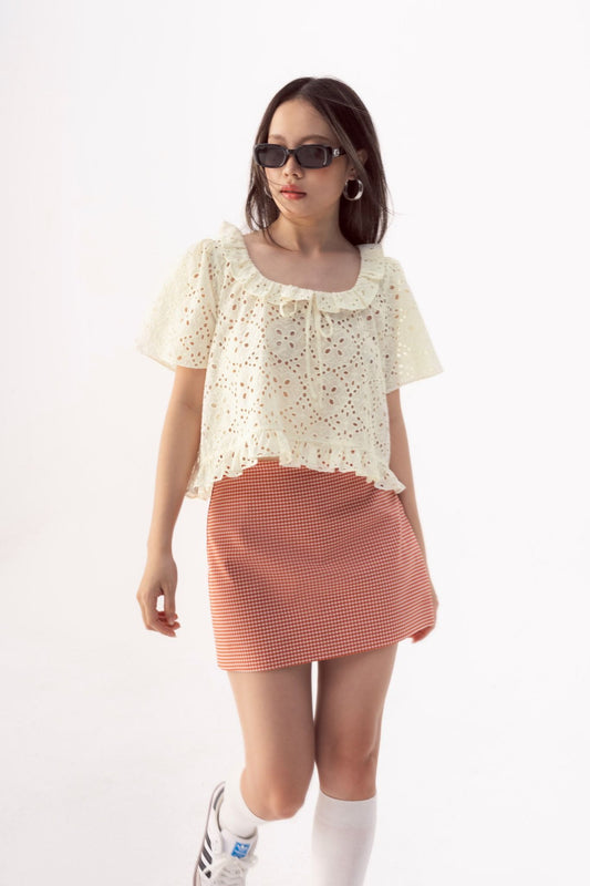 Libe Red Gingham Khaki Mini Skirt (Pre-order)