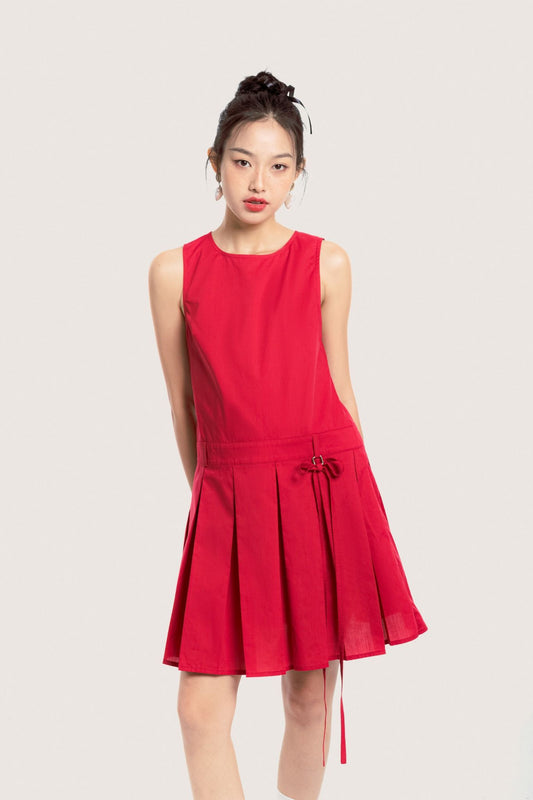 Libe Red Sleeveless Pleated Bow Mini Dress (Pre-order)