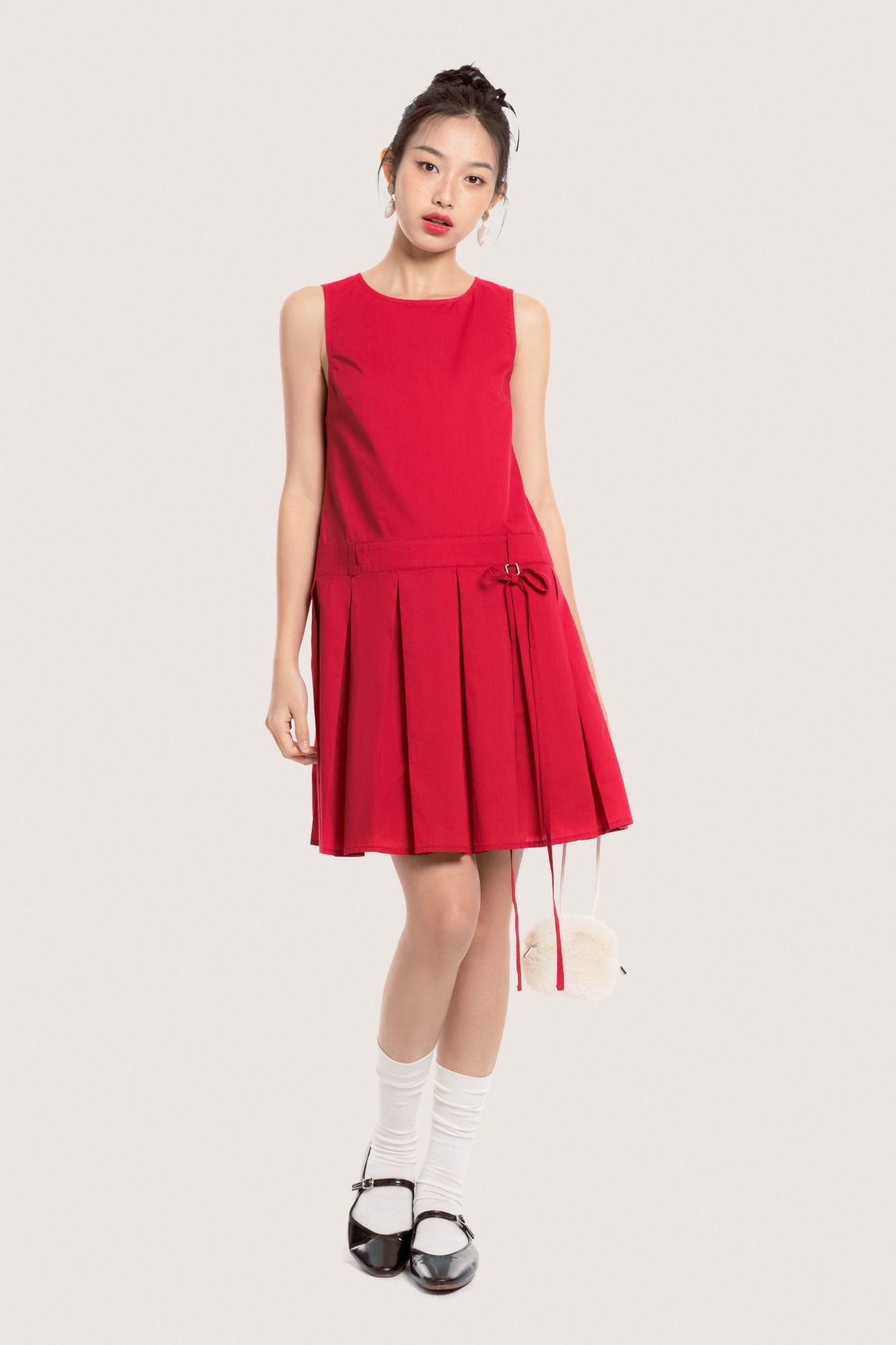 Libe Red Sleeveless Pleated Bow Mini Dress (Pre-order)