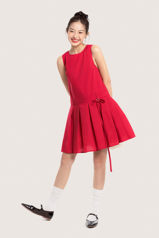 Libe Red Sleeveless Pleated Bow Mini Dress (Pre-order)