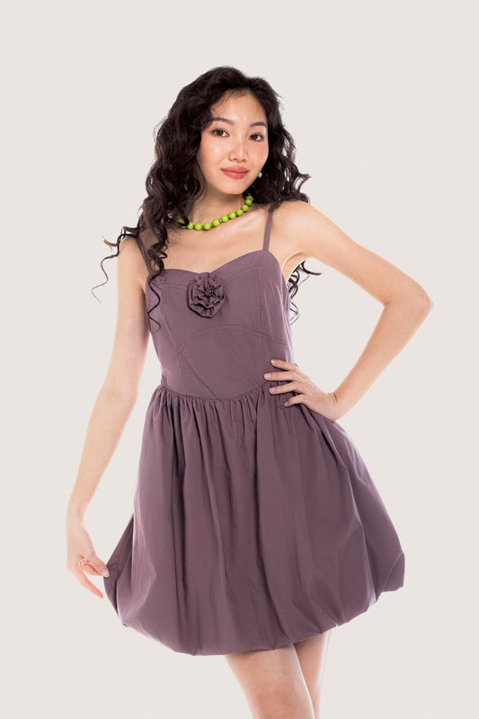 Libe Rose Brown Floral Embellished Bubble Mini Dress (Pre-order)
