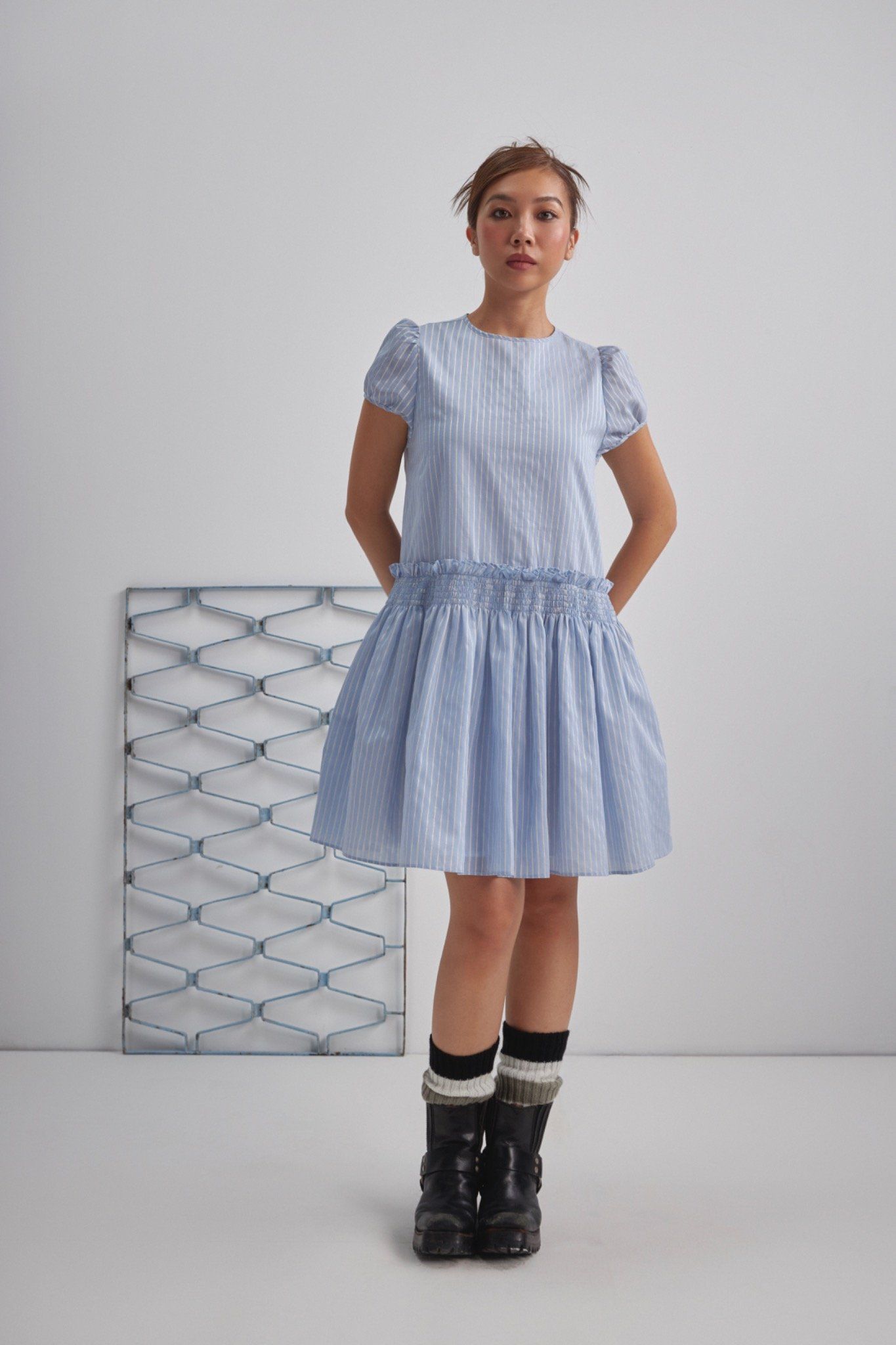 Libe Striped Puff Sleeves Mini Dress (Pre-order)