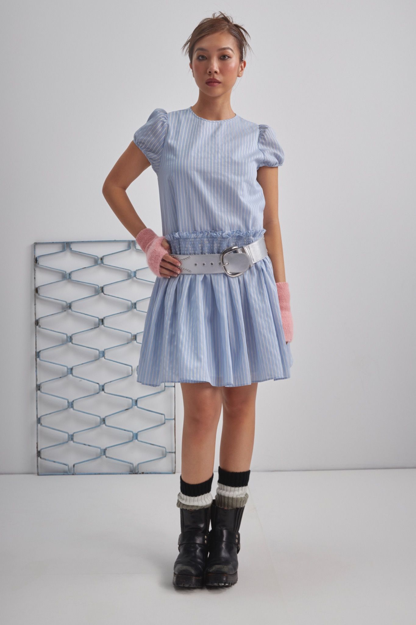 Libe Striped Puff Sleeves Mini Dress (Pre-order)