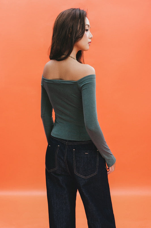 Libe Teal Dark Green Off Shoulder Long Sleeve Top (Pre-order)