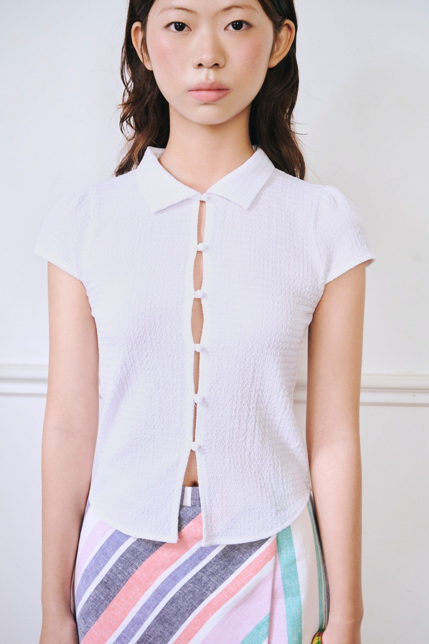 Libe White Button-Up Short Sleeve Top (Pre-order)