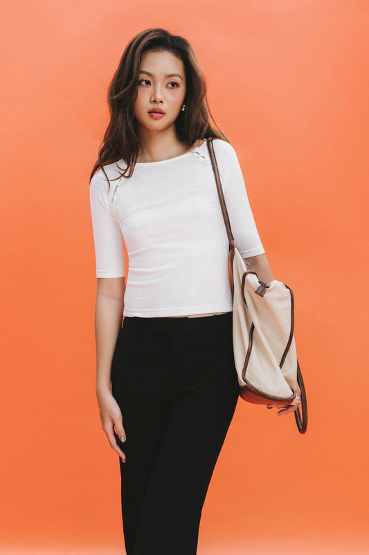 Libe White Buttons Ribbed Raglan Sleeve Top (Pre-order)