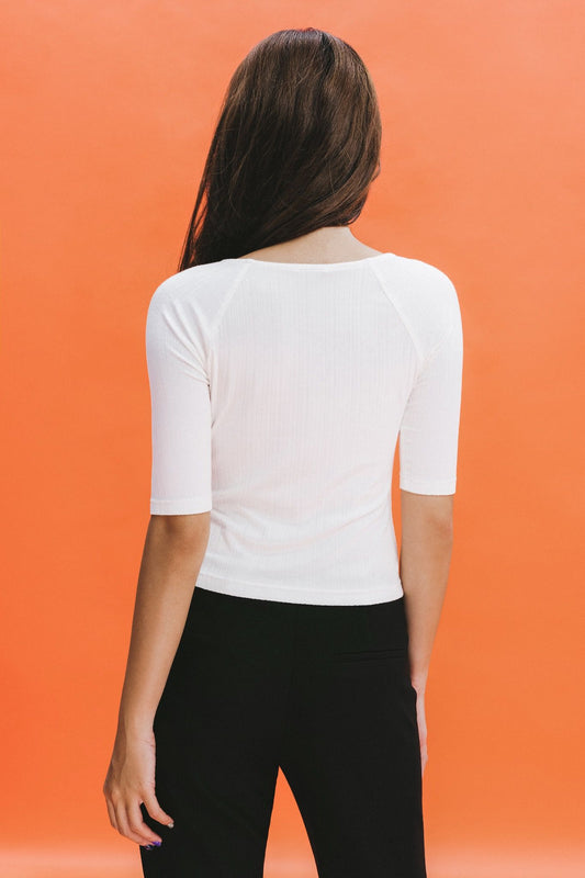 Libe White Buttons Ribbed Raglan Sleeve Top (Pre-order)