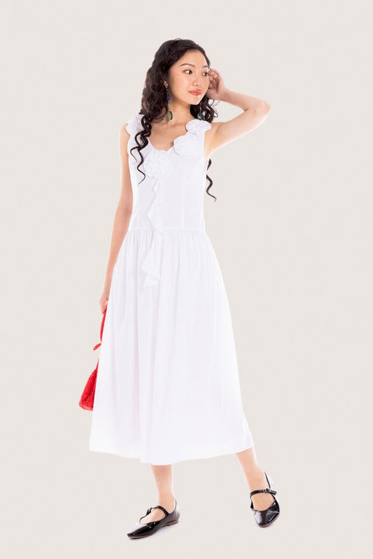Libe White Floral Embellished Ruffle Midi Dress (Pre-order)