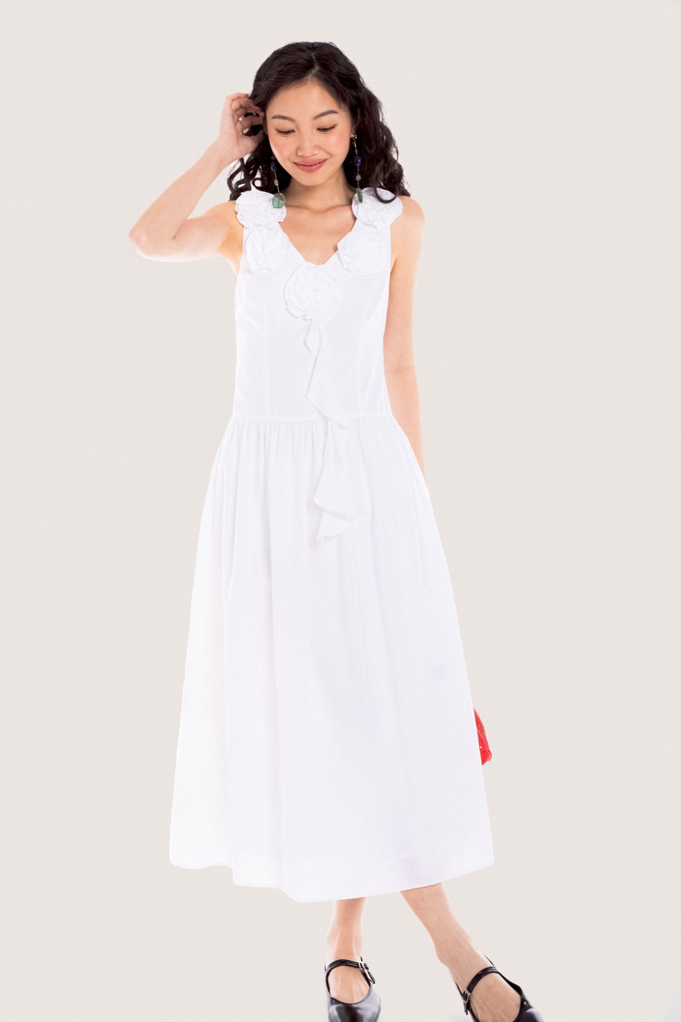 Libe White Floral Embellished Ruffle Midi Dress (Pre-order)