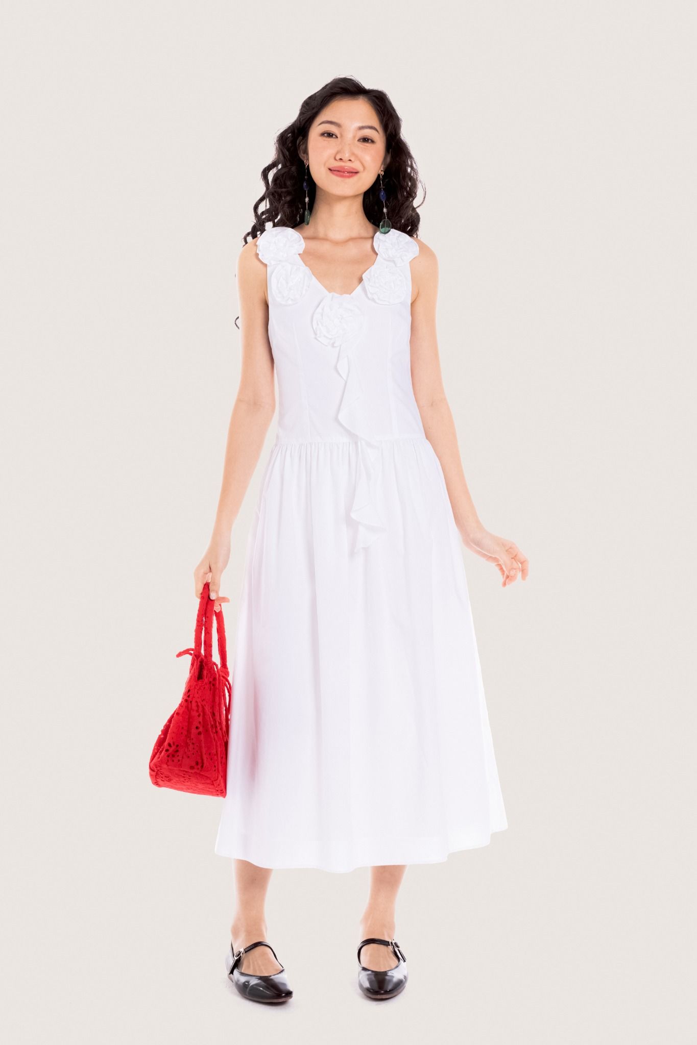 Libe White Floral Embellished Ruffle Midi Dress (Pre-order)
