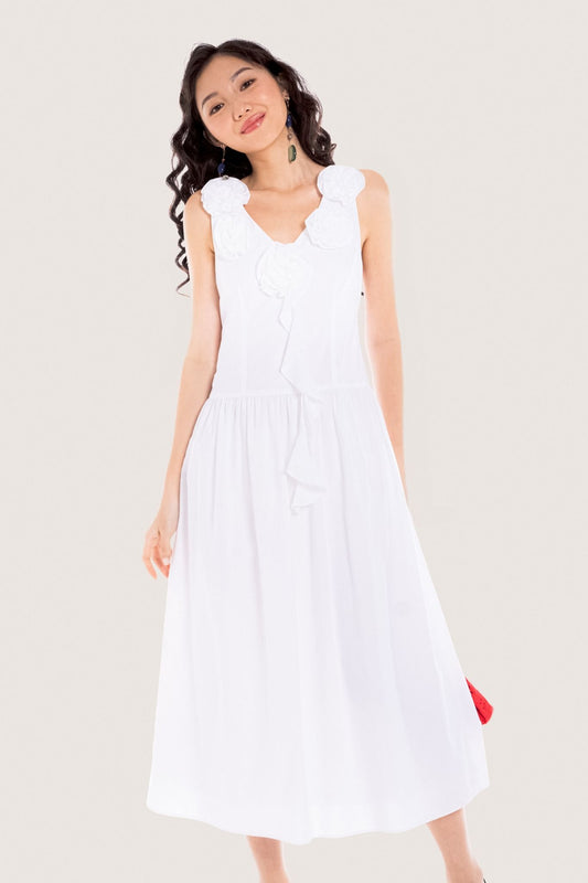 Libe White Floral Embellished Ruffle Midi Dress (Pre-order)