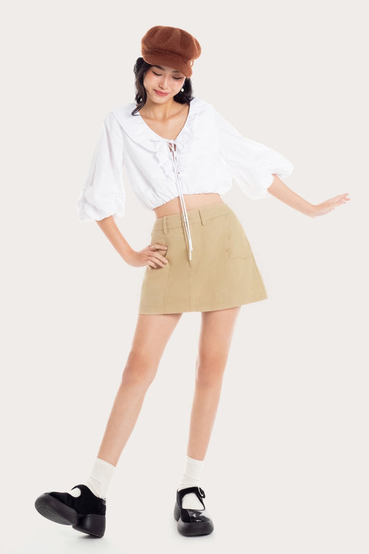 Libe White Front Tied Ruched Sleeve Top (Pre-order)