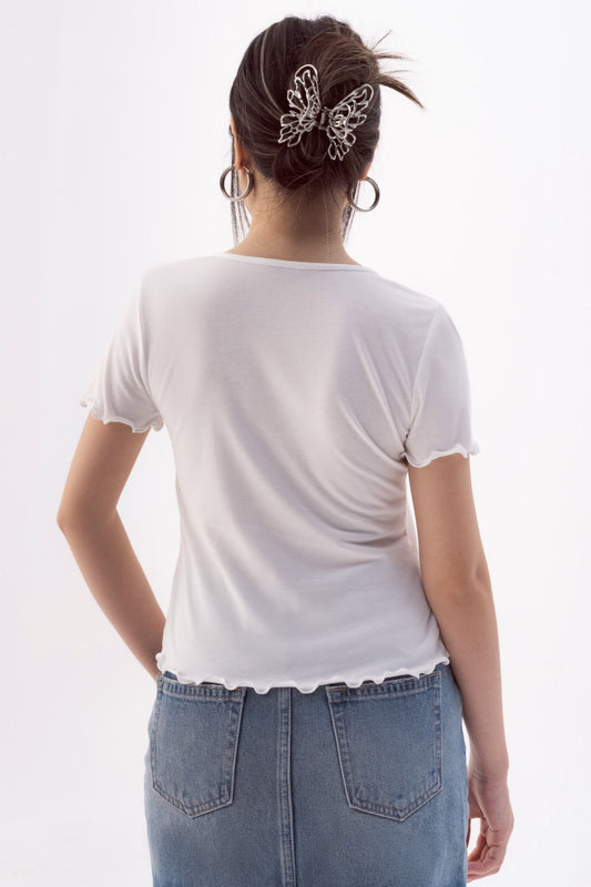 Libe White Keyhole Lettuce Hem Slit Top (Pre-order)