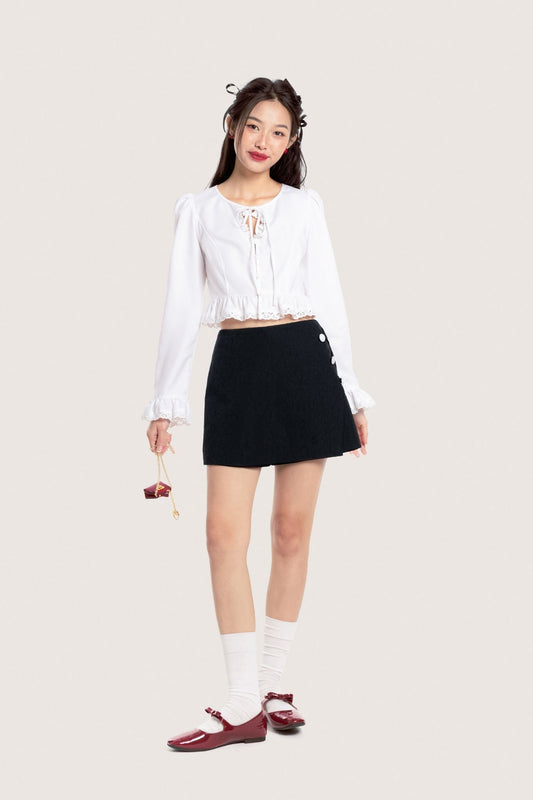 Libe White Lace Trimming Long Sleeves Tie Front Top (Pre-order)